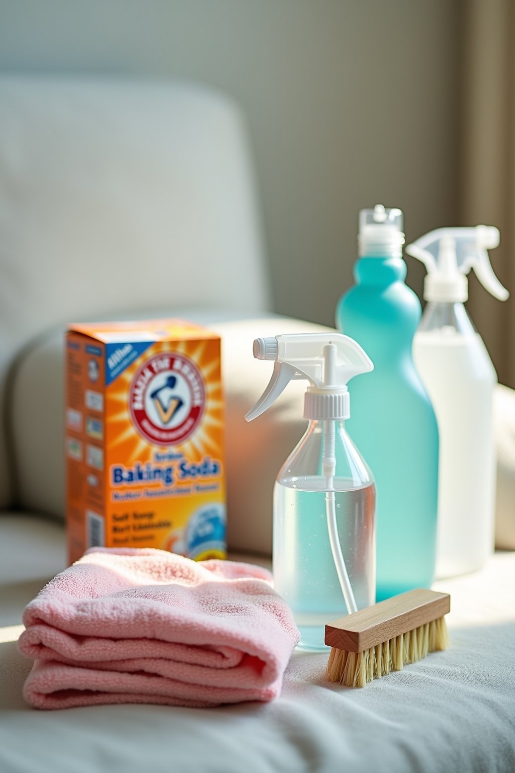 Of couch cleaning supplies arranged on a clean surface: microfiber cloths