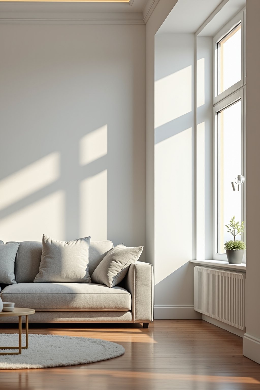 Wide shot of a modern living room with a clean light gray fabric sofa