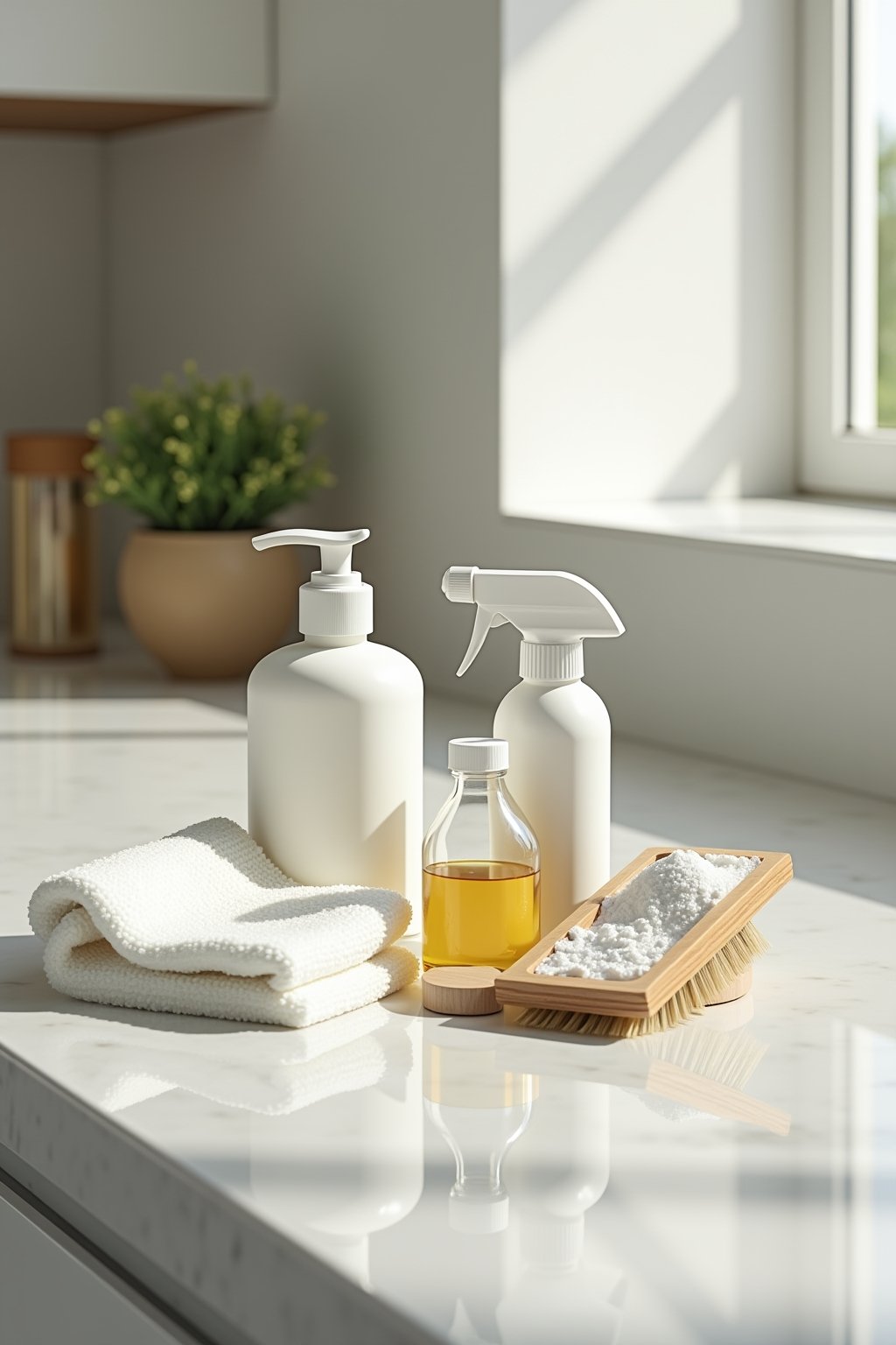 Of countertop cleaning supplies arranged on a clean surface: mild dish soap bottle