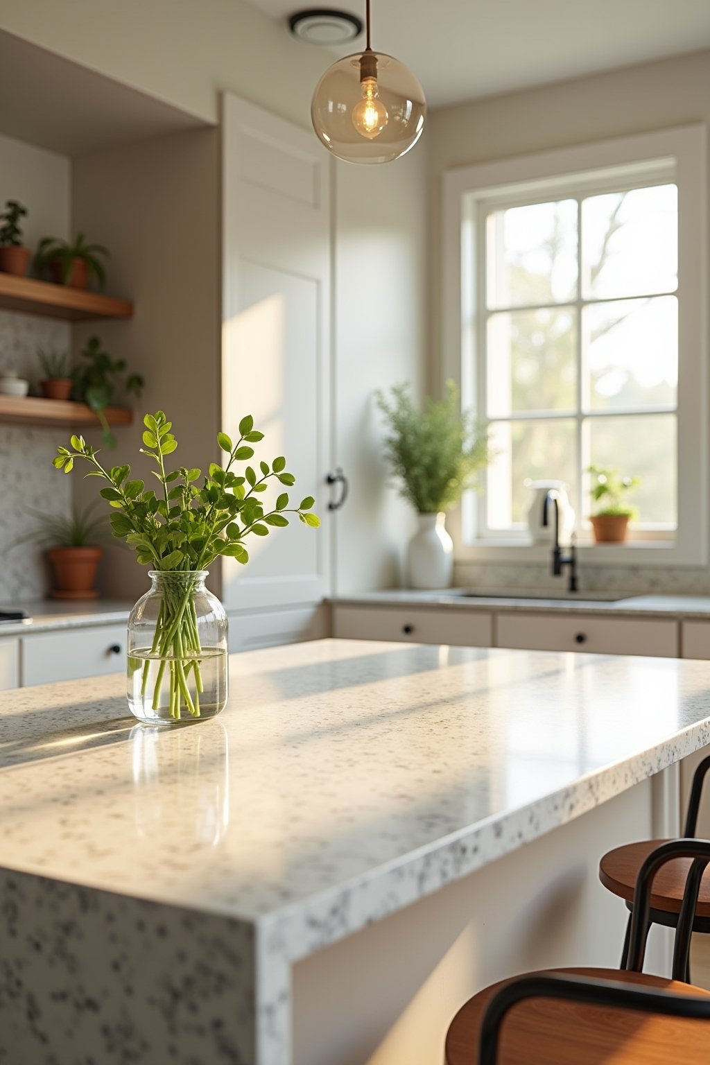 Wide shot of a bright modern kitchen showing beautiful granite countertops
