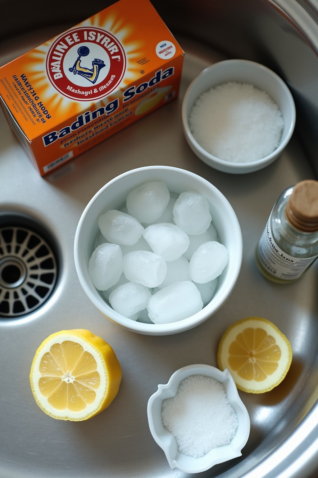 Shot of garbage disposal cleaning supplies arranged around a stainless steel sink drain: bowl of ice cubes