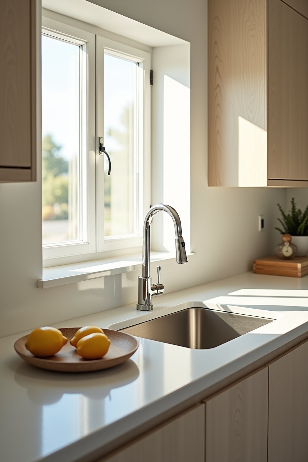 Wide shot of a bright clean modern kitchen with a gleaming stainless steel sink