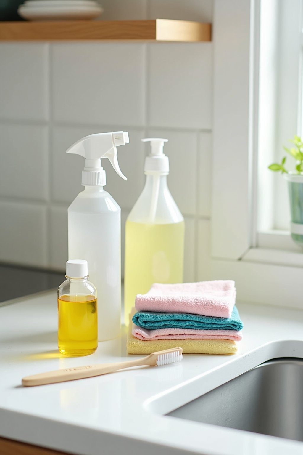 Close-up of cabinet cleaning supplies on a clean kitchen counter