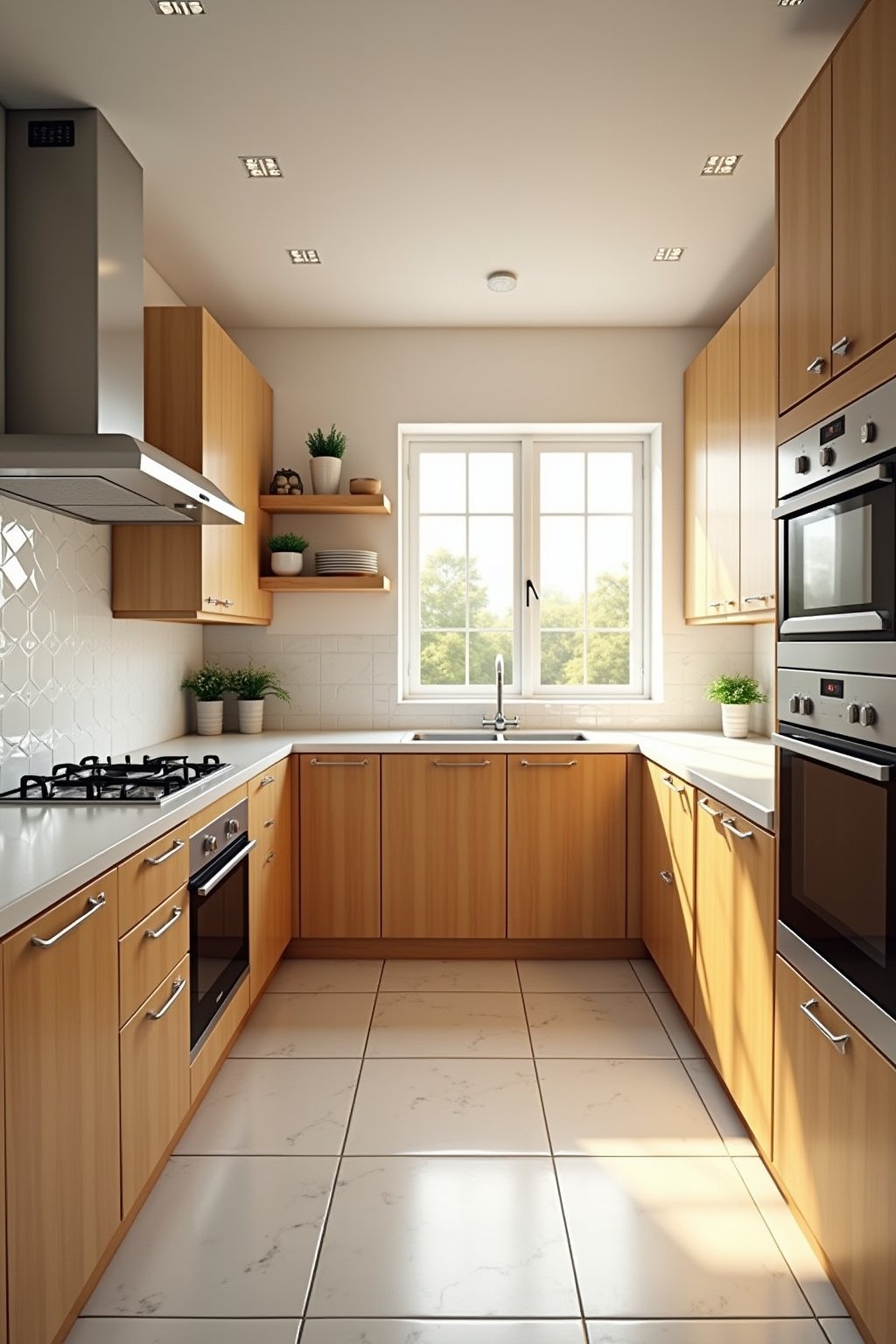 Wide shot of a bright clean kitchen with natural wood cabinets gleaming