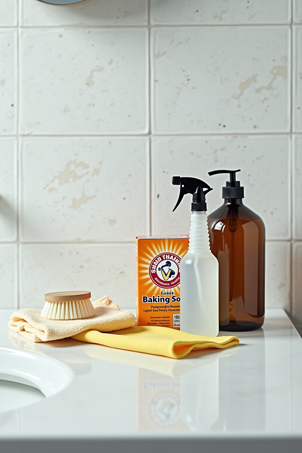 Close-up of cleaning supplies arranged neatly on a clean white bathroom counter