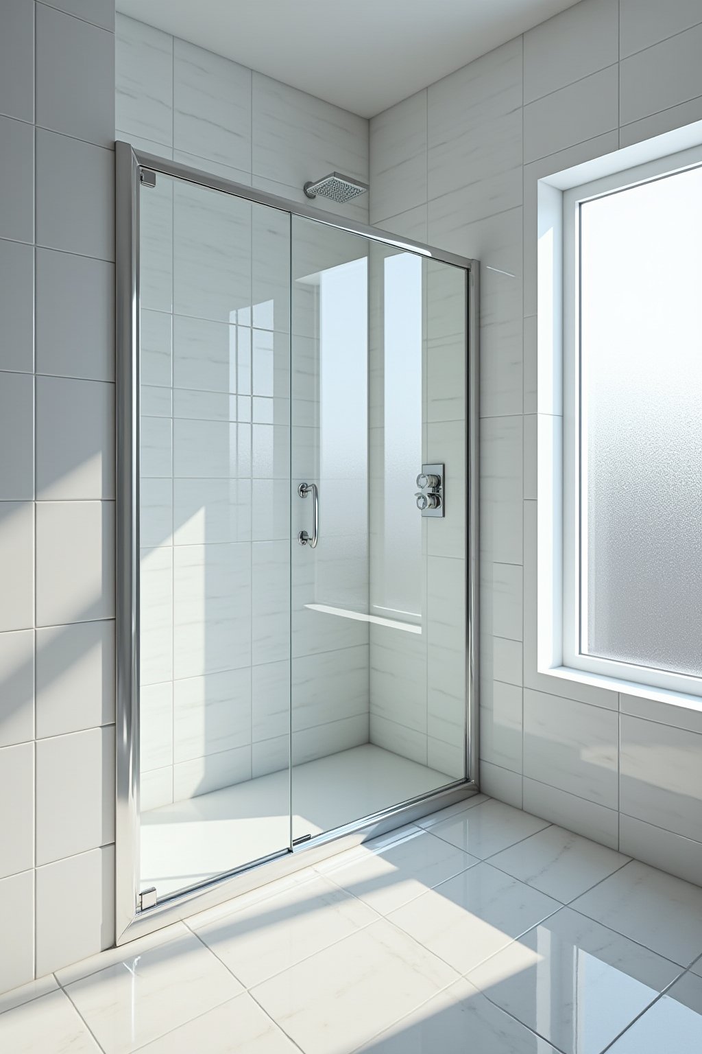 Wide shot of a sparkling clean white tiled shower with glass door