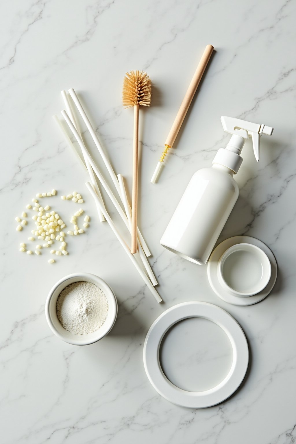 Of tumbler cleaning supplies arranged neatly on a marble surface: thin straw cleaning brushes