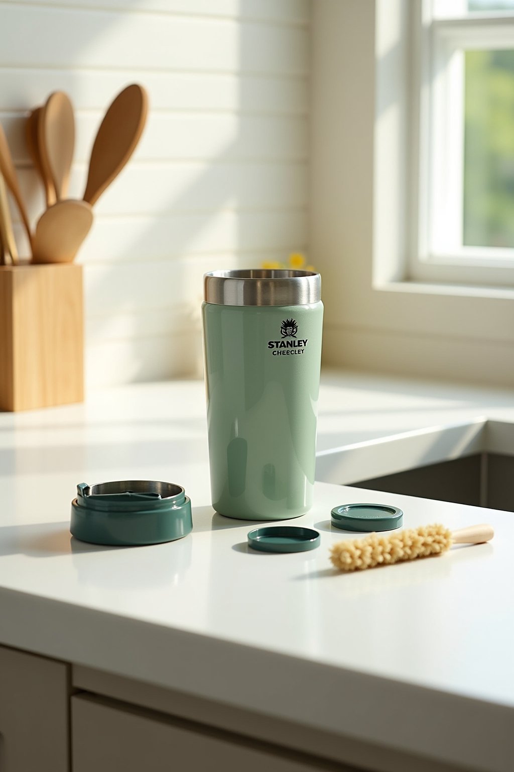 Wide shot of a clean white kitchen countertop with a stanley quencher tumbler in soft sage green