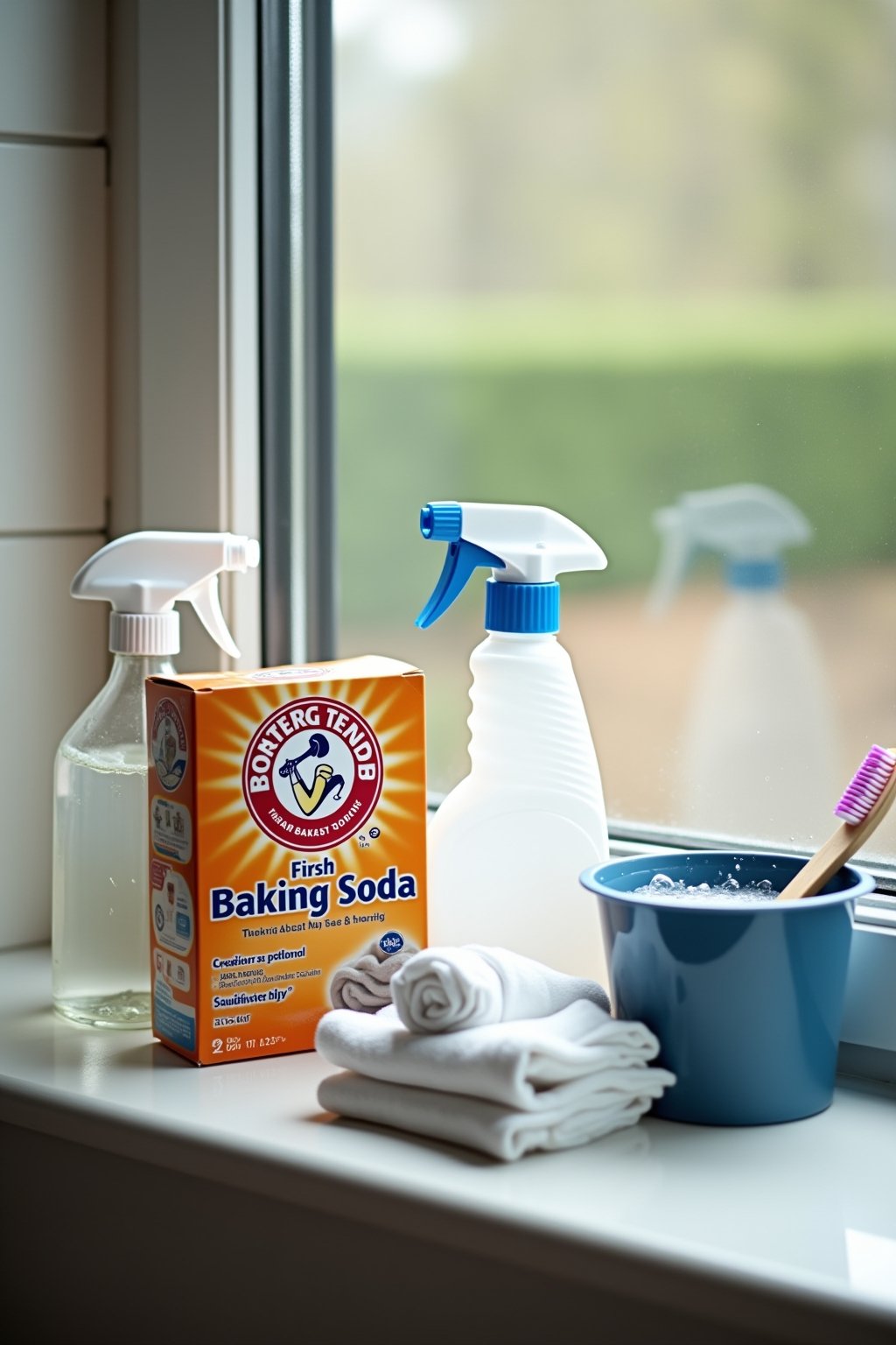 Of window track cleaning supplies arranged on a clean windowsill: box of baking soda