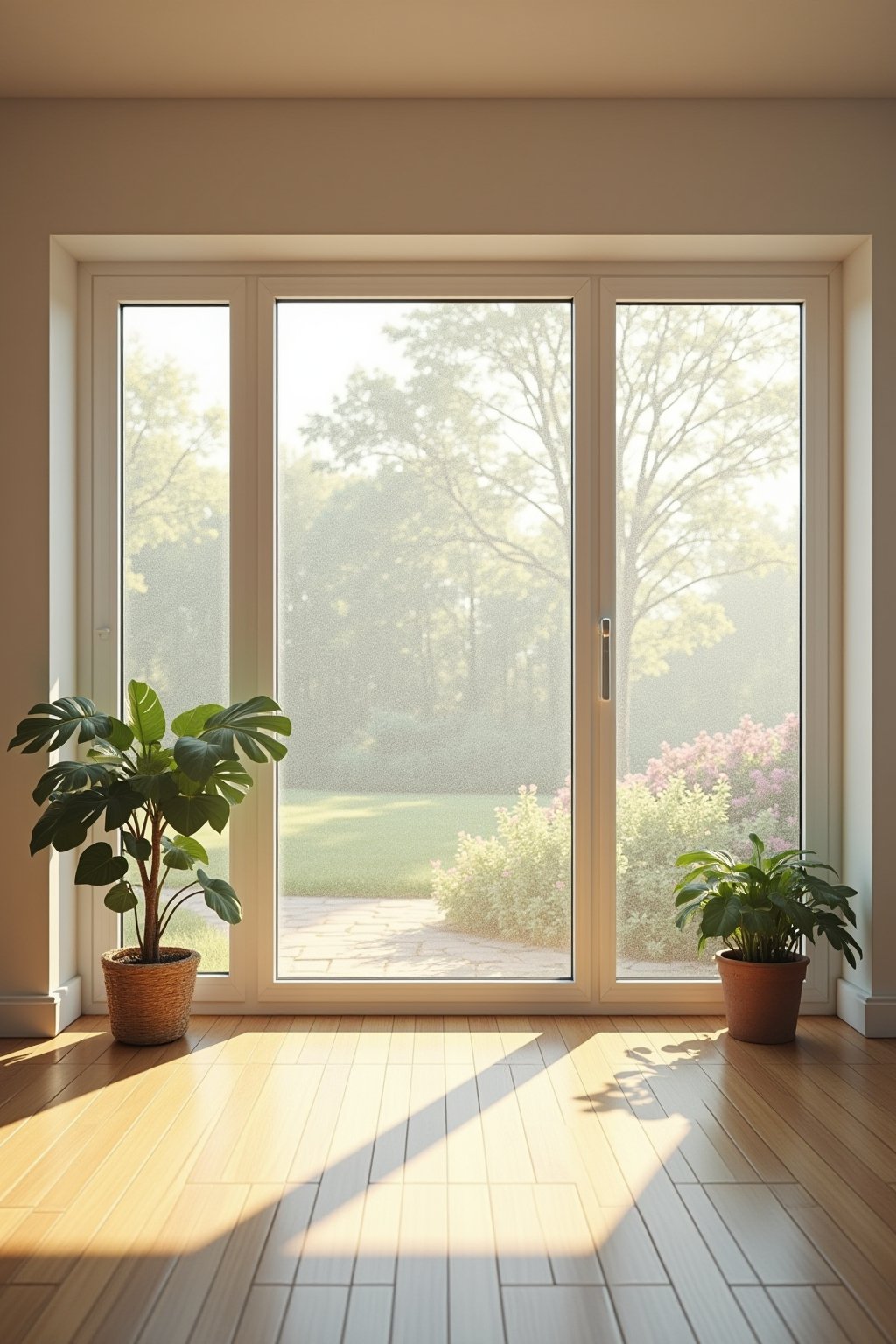 Wide shot of a bright living room with large clean windows