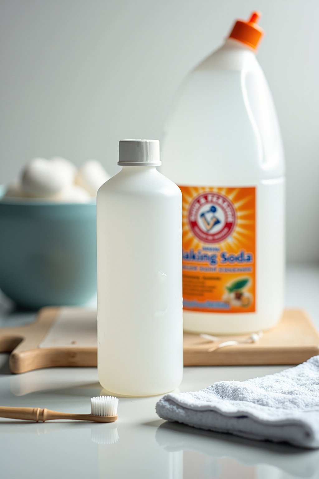 Close-up of dishwasher cleaning supplies on a clean kitchen counter