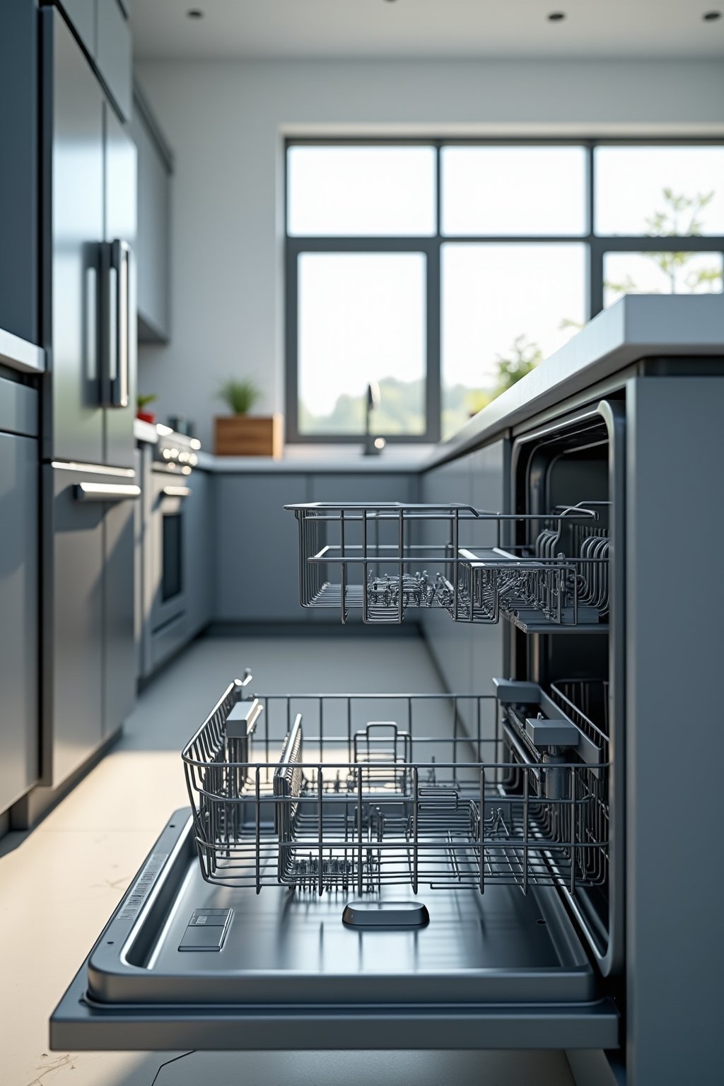 Wide shot of an open clean dishwasher in a bright modern kitchen