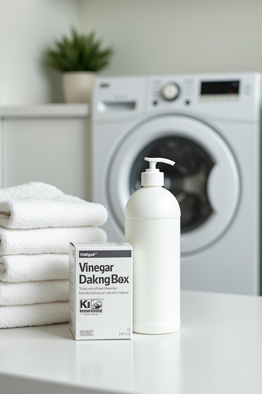 Close-up of white vinegar bottle and baking soda box on a clean laundry room counter next to a stack of white towels