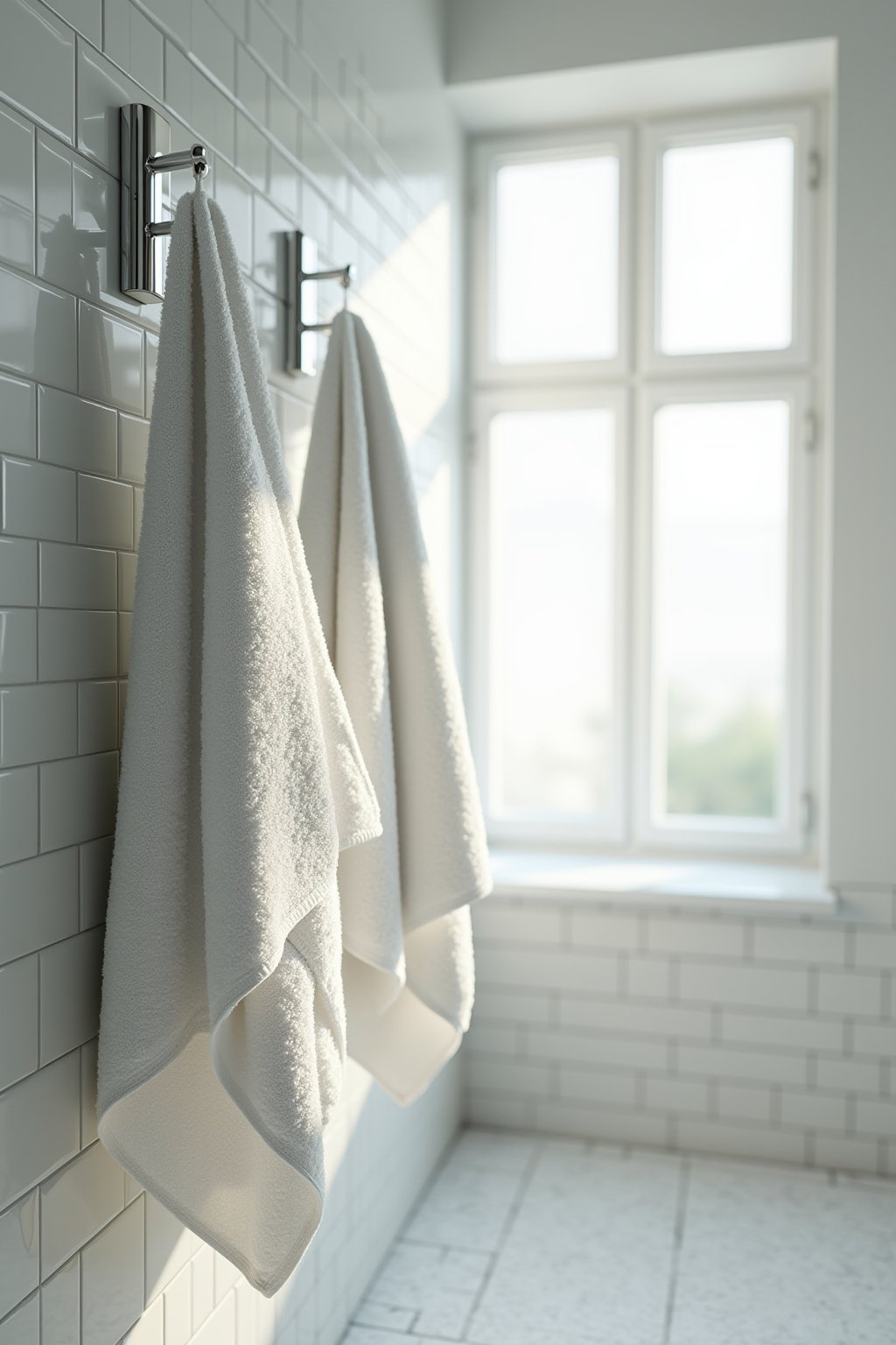 Wide shot of a bright clean bathroom with fluffy white towels hanging neatly spread on a chrome towel bar