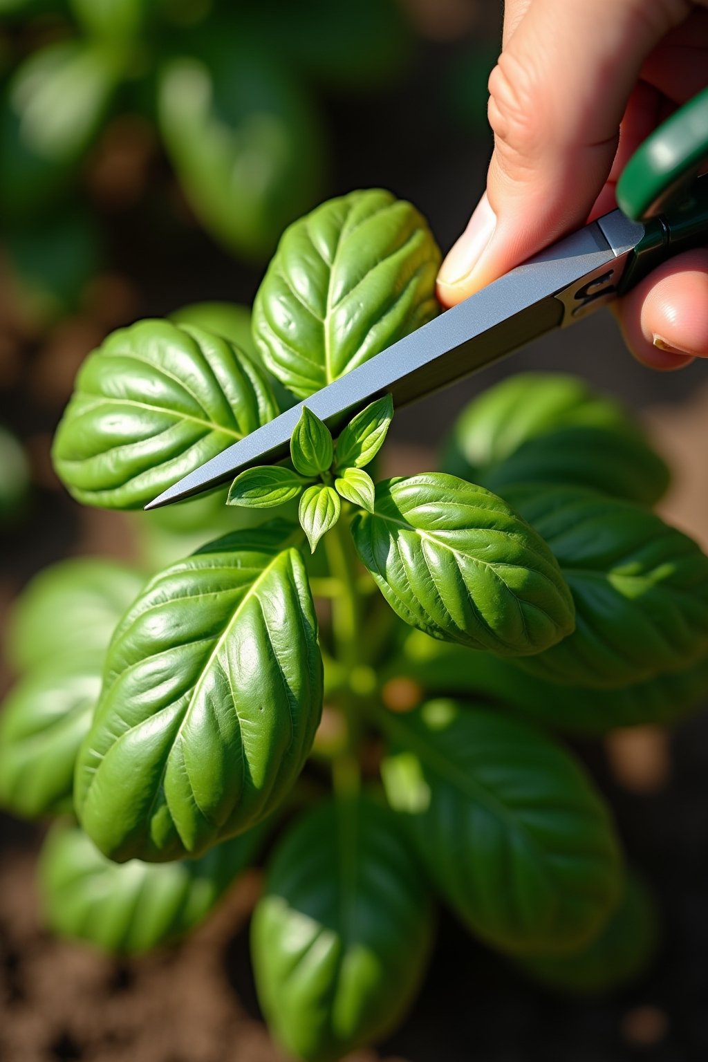 Close-up overhead photograph of a basil plant being harvested correctly, scissors cutting a stem just above a pair of leaves showing the proper harvest technique, vibrant green leaves visible, the ...