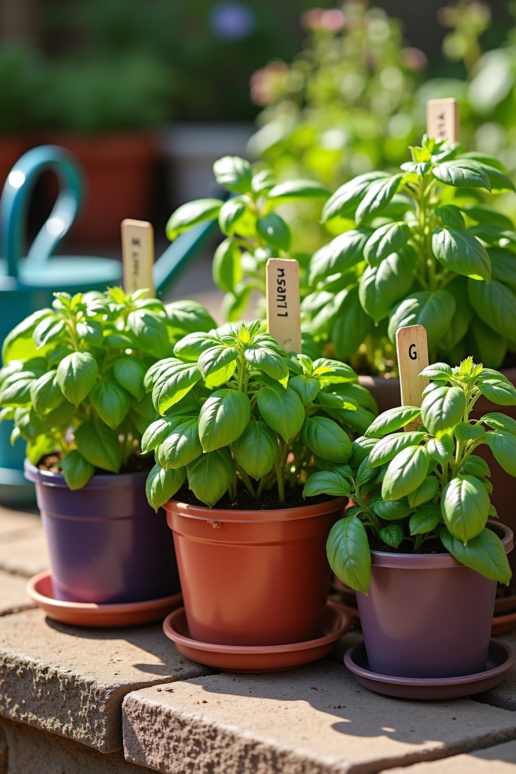 Three different basil varieties growing in colorful pots on a sunny patio: green Genovese basil, purple basil, and Thai basil, each pot labeled with a small wooden marker, warm afternoon sunlight, ...