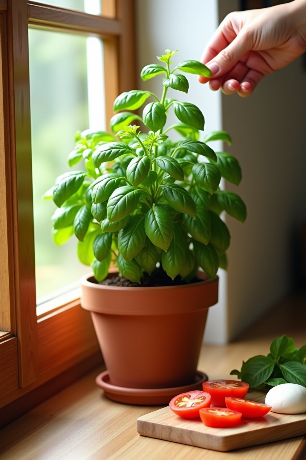 A lush bushy basil plant in a terracotta pot on a sunny kitchen windowsill, vibrant bright green leaves, a person's hand pinching off the top of a stem to harvest, a cutting board with sliced tomat...
