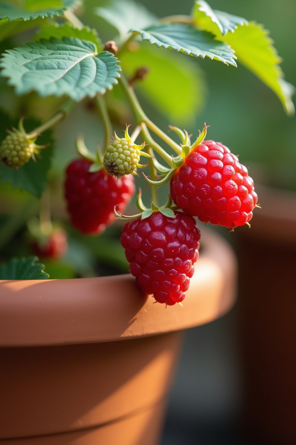 Close-up ripe red raspberries on the cane in a container, plump berries ready for harvest, green leaves visible, a few green unripe berries still developing, morning dew on the fruit, blurred terra...