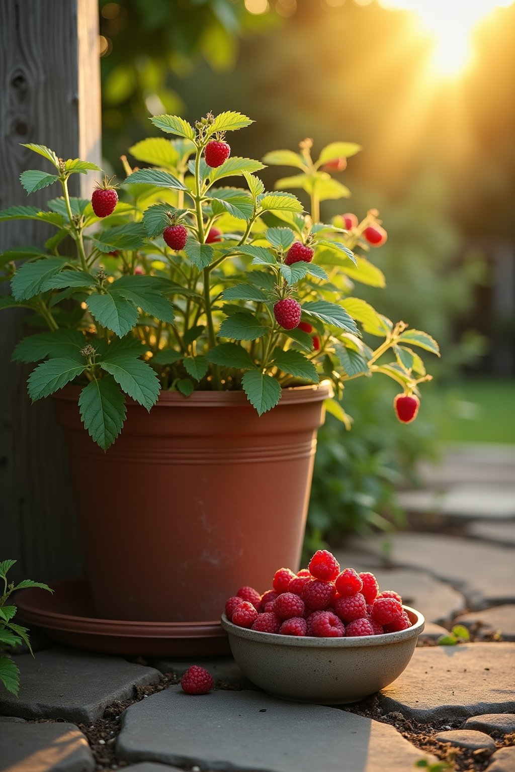 A productive container raspberry plant on a patio in golden hour light, a small ceramic bowl full of freshly picked red raspberries sitting on the patio stones next to the pot, canes with leaves st...