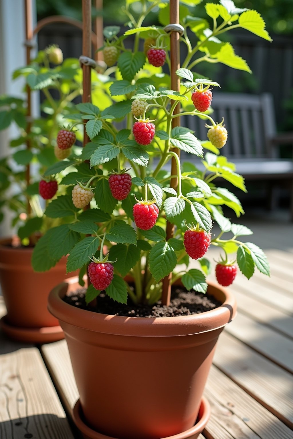 A beautiful compact raspberry plant in a large terracotta container on a sunny backyard patio, canes loaded with ripe red raspberries and some green unripe ones, lush green leaves, a simple wooden ...