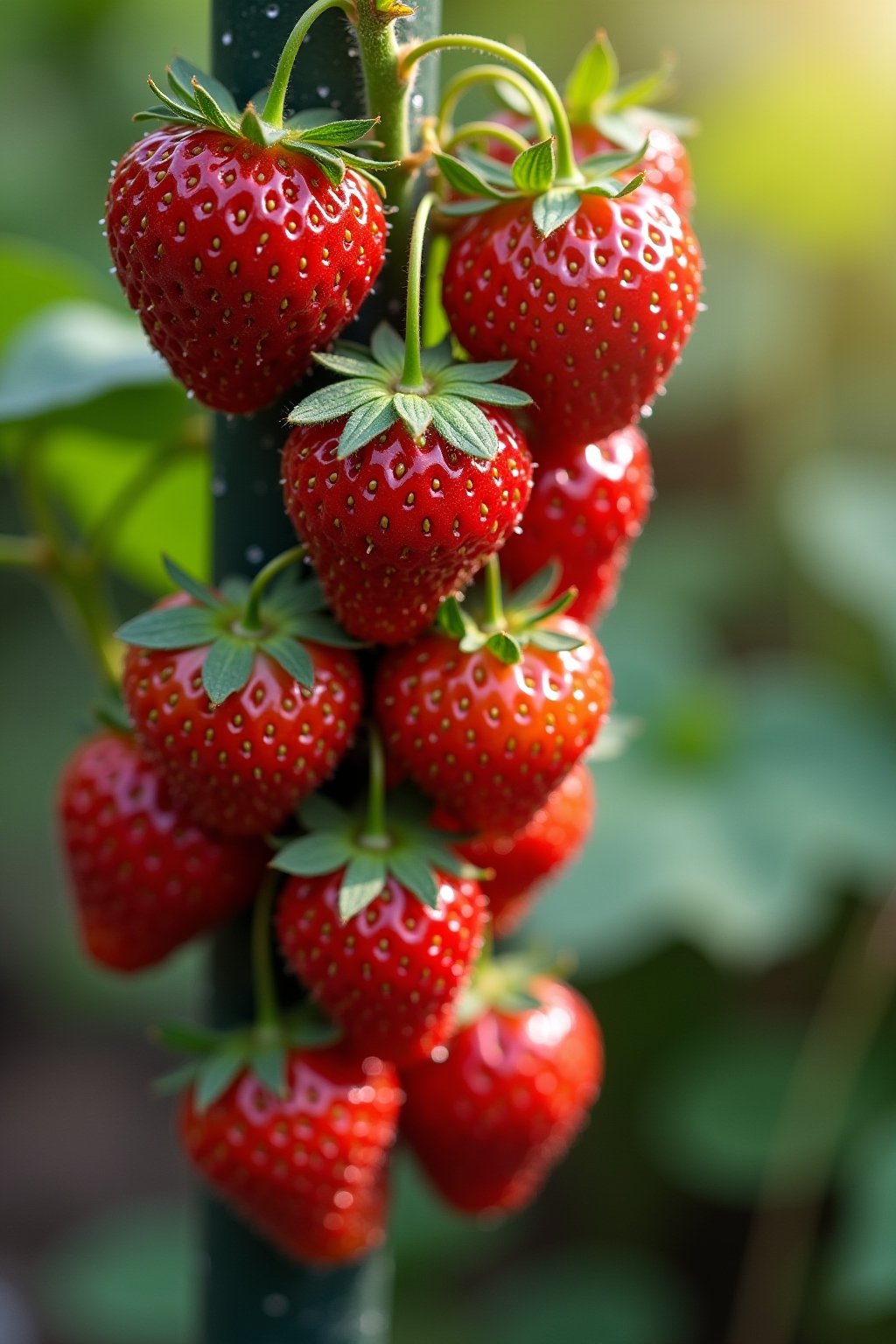 Close-up a tier of a vertical strawberry tower with plump red ripe strawberries ready for harvest, green leaves and small white flowers visible, morning dew glistening on the berries, blurred patio...