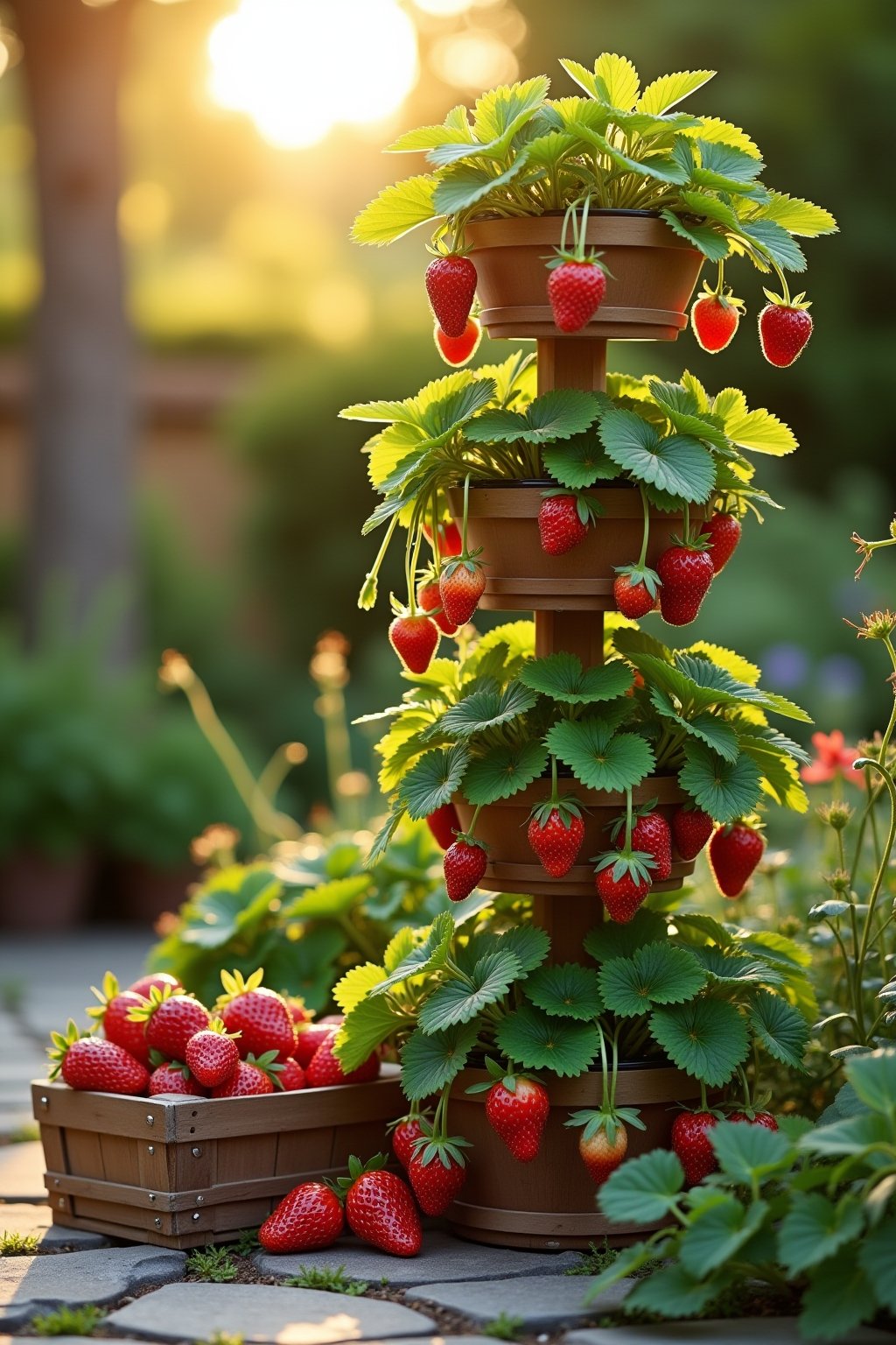 A productive vertical strawberry tower in golden hour light on a backyard patio, a small wooden basket full of freshly harvested strawberries sitting on the patio stones next to the tower, lush gre...