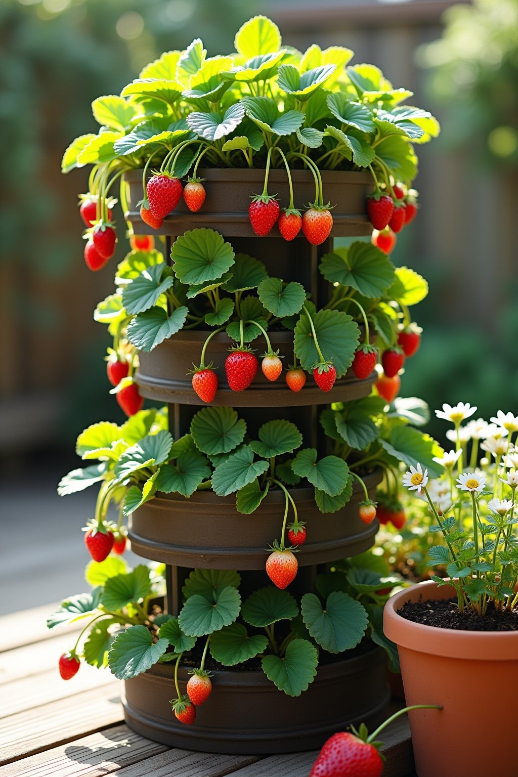 A beautiful vertical strawberry tower garden on a sunny patio, five tiers stacked with lush green strawberry plants spilling over the edges, ripe red strawberries hanging from multiple levels, smal...