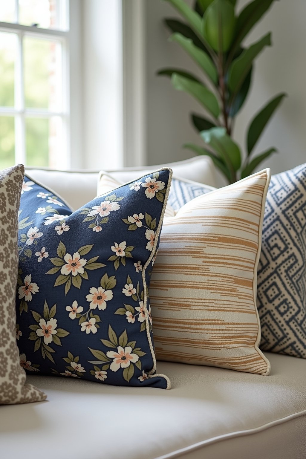 Close-up of mixed pattern throw pillows arranged on a neutral sofa