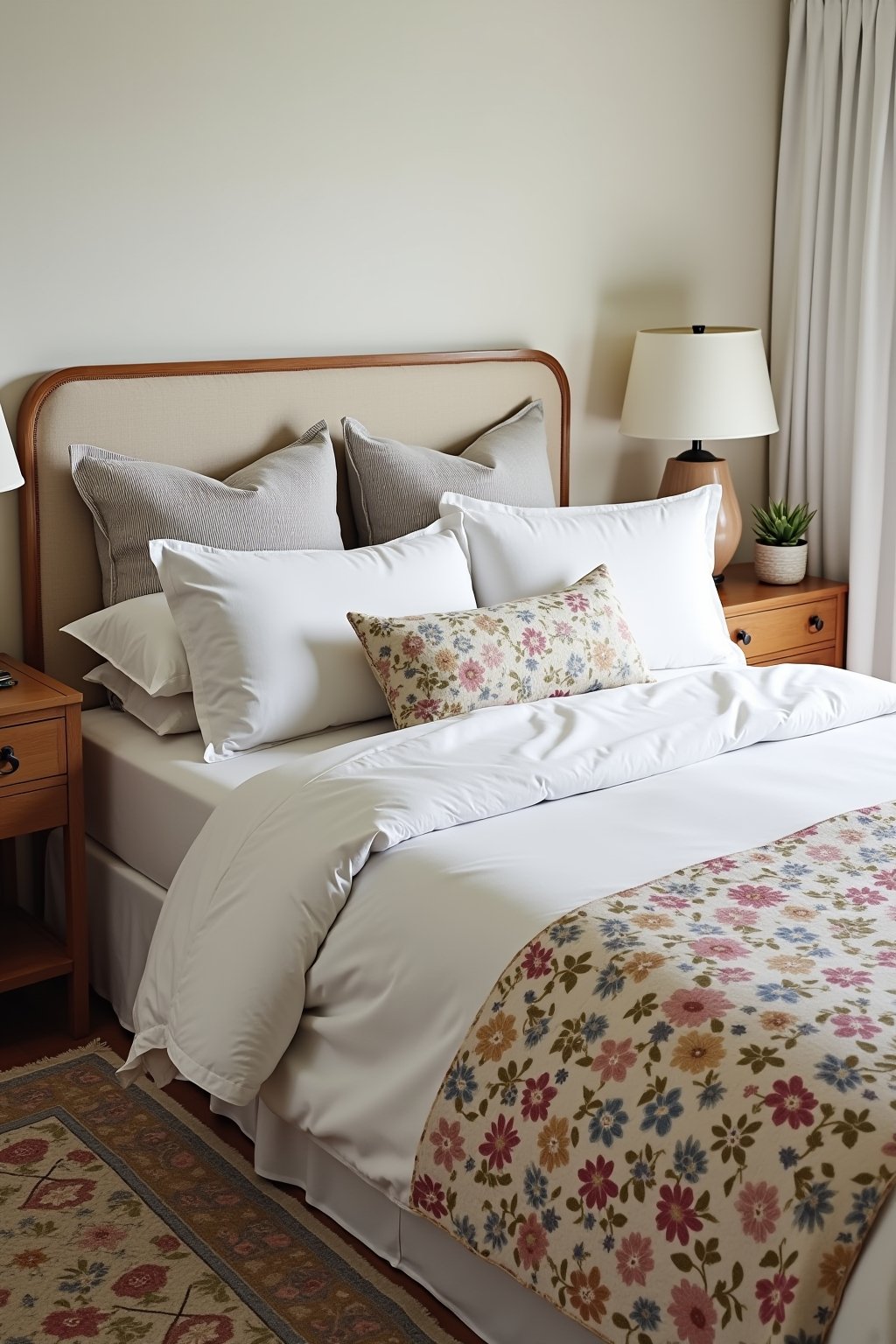 A bedroom with white bedding layered with a floral quilt at the foot of the bed