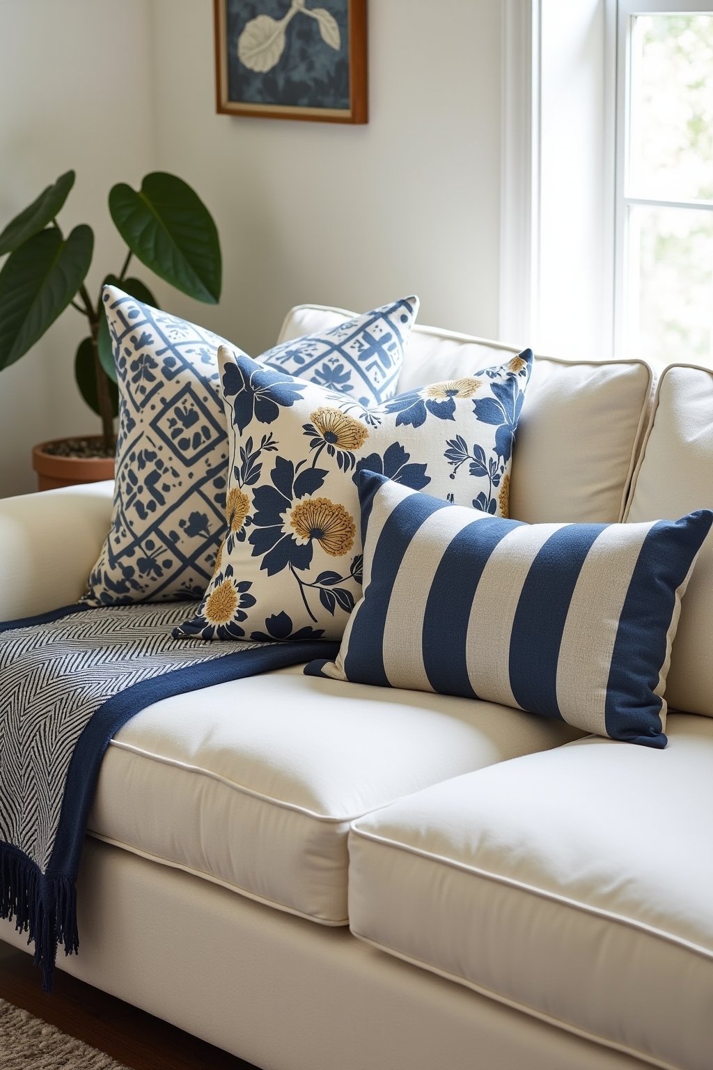 A beautifully styled living room with mixed pattern throw pillows on a cream linen sofa