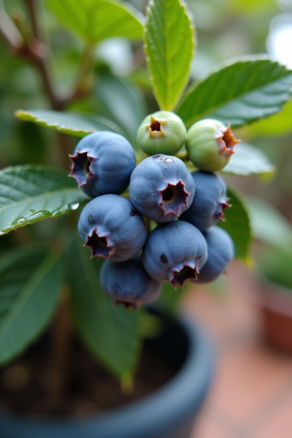 Close-up ripe blueberries clustered on a container blueberry bush, deep blue-purple berries with a whitish bloom, glossy green leaves, a few green unripe berries visible, morning dew glistening on ...