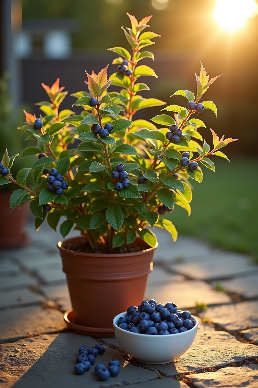 A container blueberry bush on a backyard patio in golden hour light, a small white ceramic bowl full of freshly picked blueberries sitting on the patio stones next to the pot, leaves beginning to t...