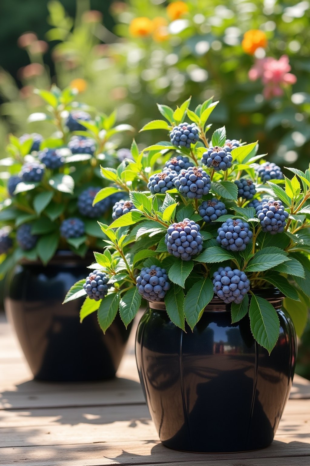 A beautiful container blueberry garden on a sunny patio, two large dark-glazed ceramic pots with lush blueberry bushes heavy with clusters of ripe blue-purple berries, some berries still green and ...