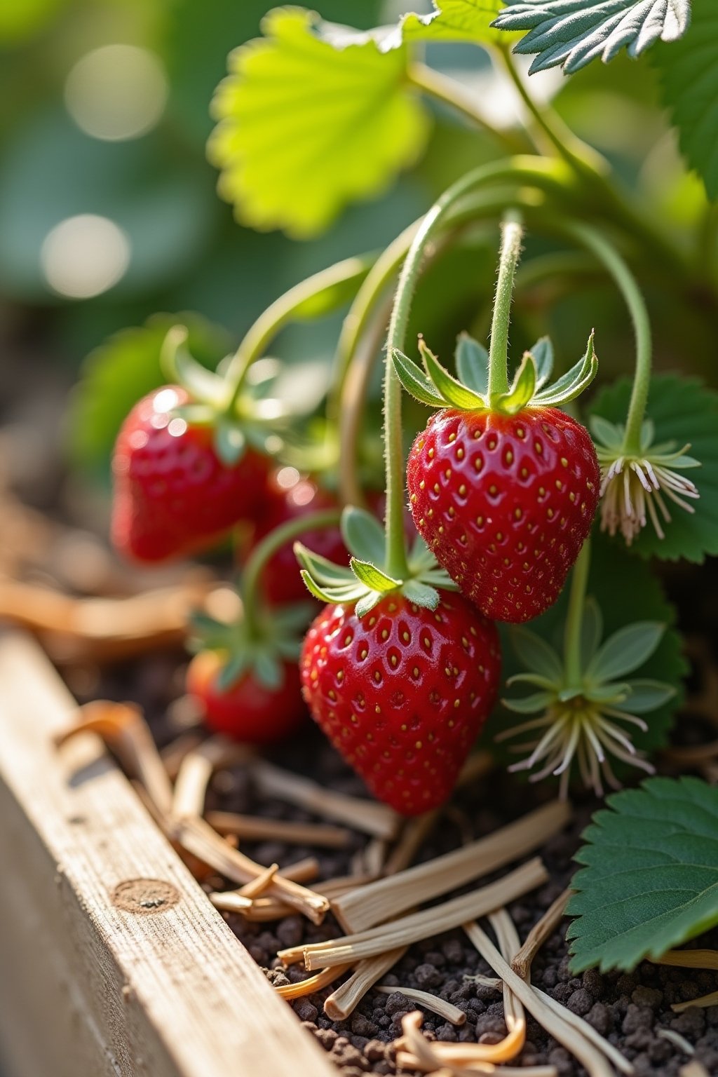 Close-up ripe red strawberries on the plant in a raised bed with straw mulch, plump berries ready for harvest, green leaves and small white flowers visible, morning dew on the fruit, blurred cedar ...