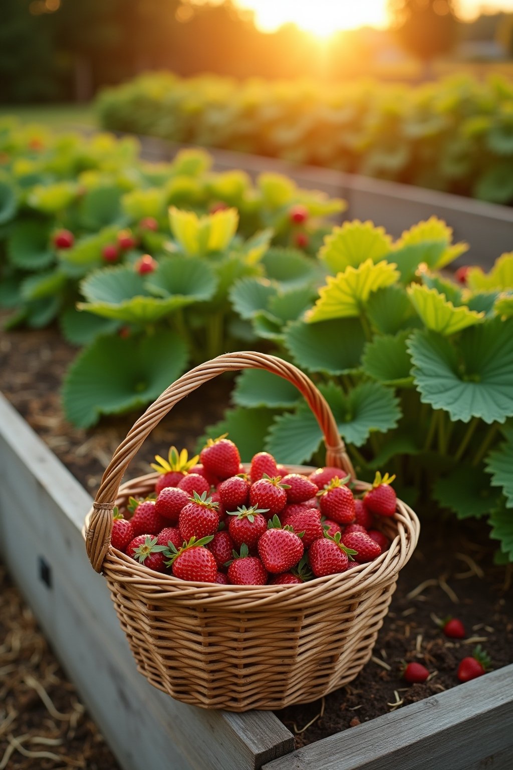 A productive raised strawberry bed in golden hour light, a woven basket full of freshly harvested strawberries sitting on the cedar edge of the bed, the bed full of lush green plants with red berri...
