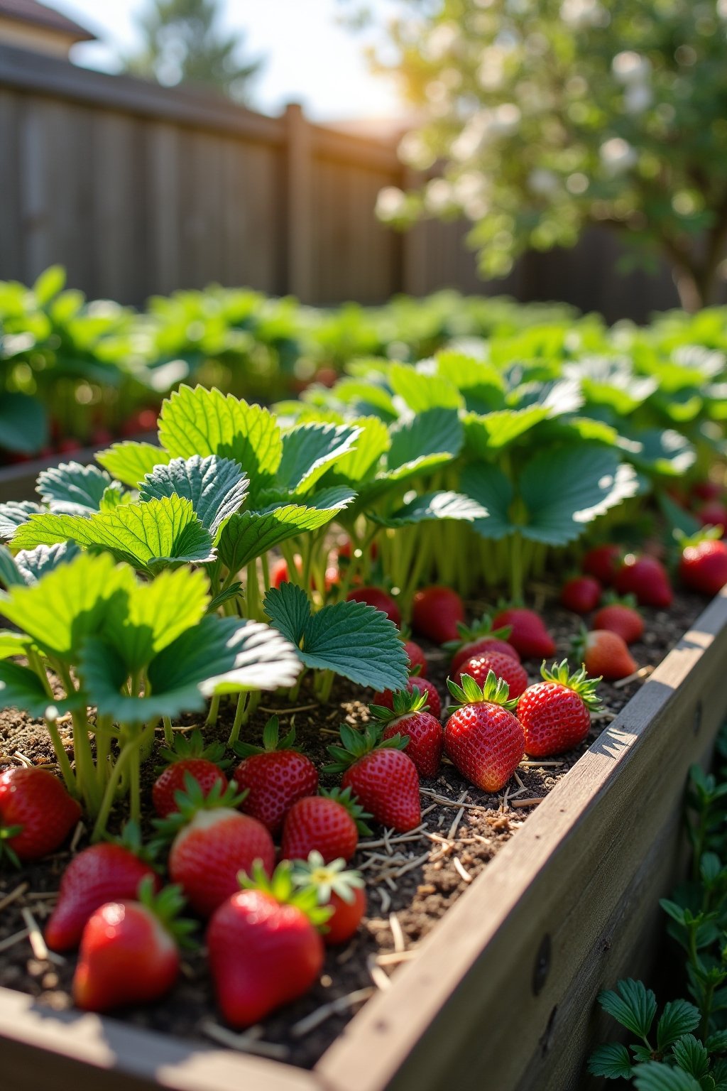A beautiful cedar raised garden bed filled with lush strawberry plants, rows of green leaves and hundreds of red ripe strawberries visible, some white flowers still blooming, straw mulch between th...