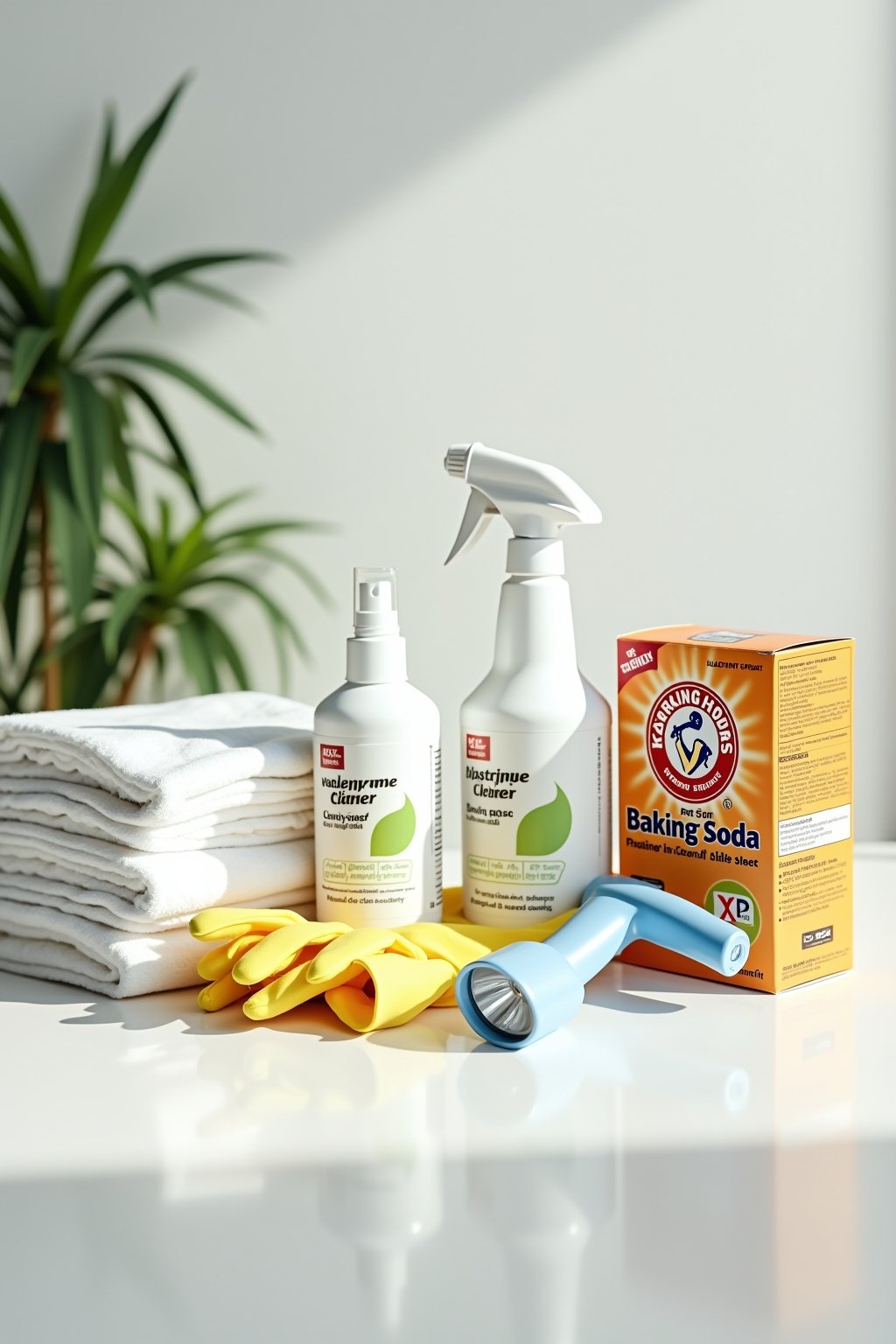 Close-up of pet stain cleaning supplies arranged on a clean surface