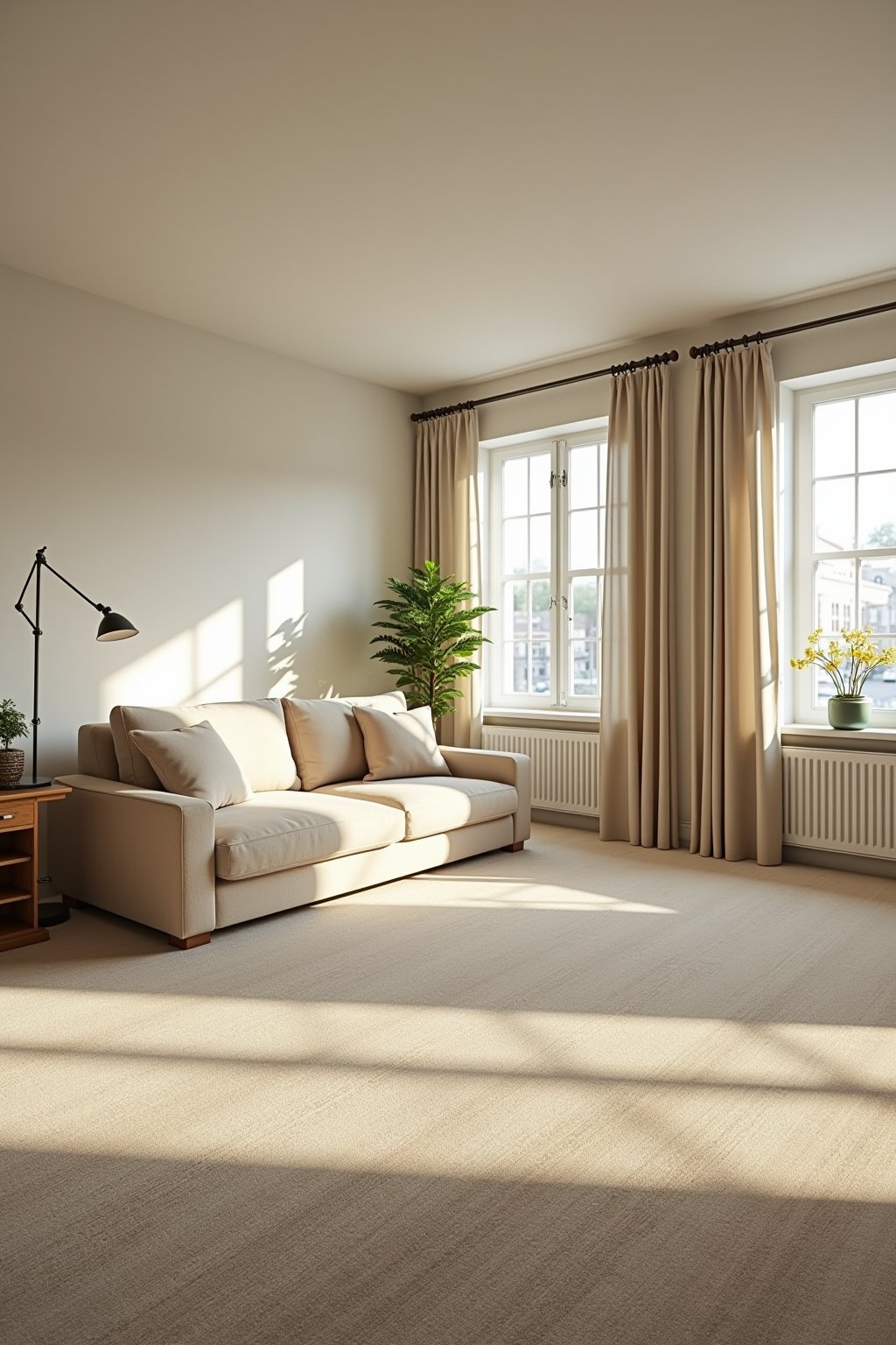 Wide shot of a clean bright living room with beige carpet in perfect condition
