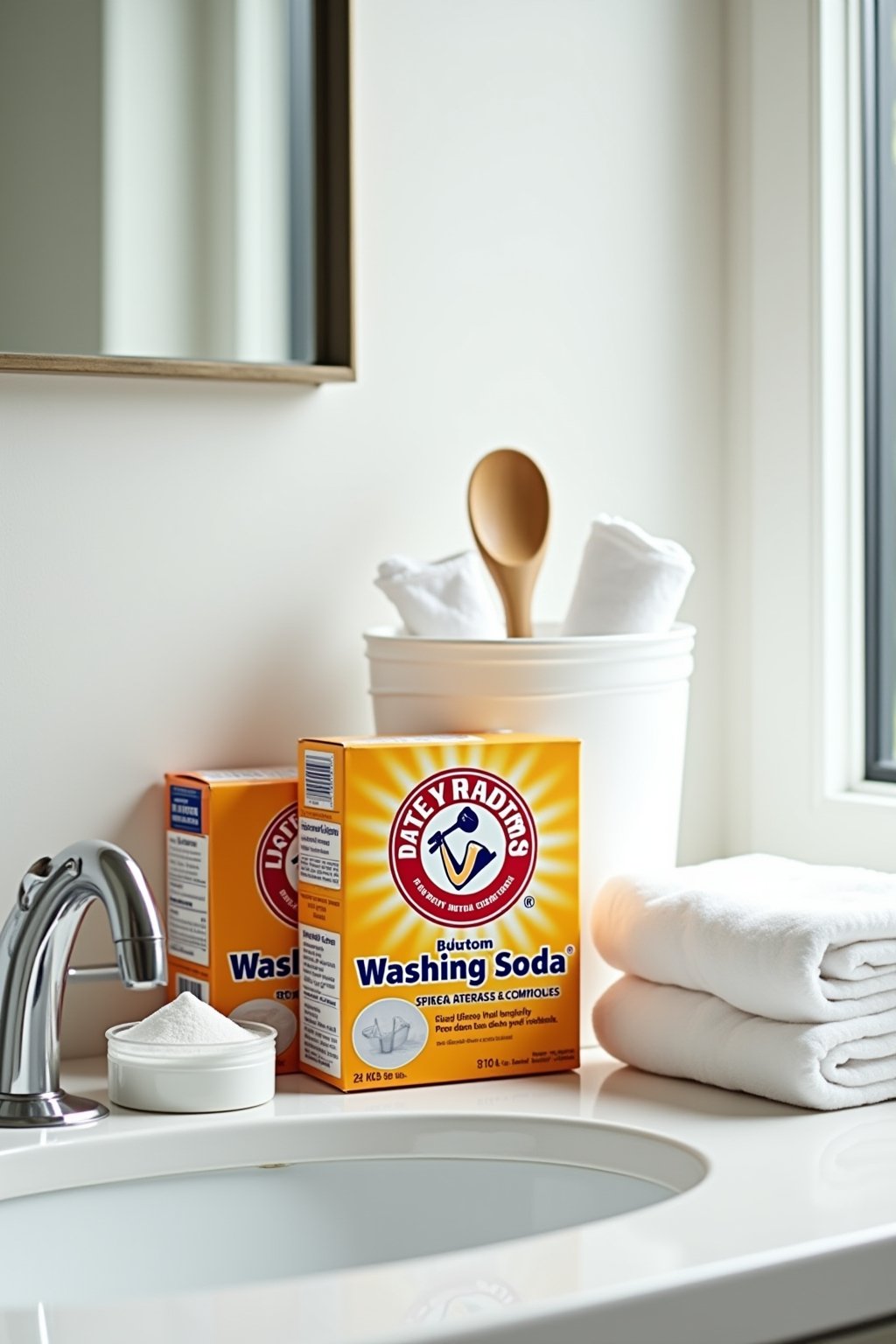 Close-up of laundry stripping supplies arranged on a clean bathroom counter