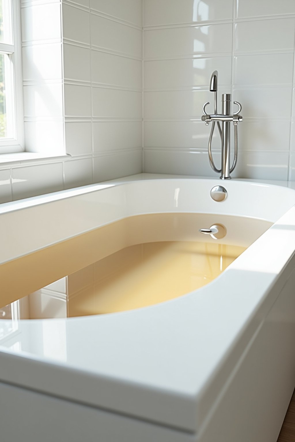 Wide shot of a clean white bathtub filled with slightly discolored brownish water with white sheets submerged