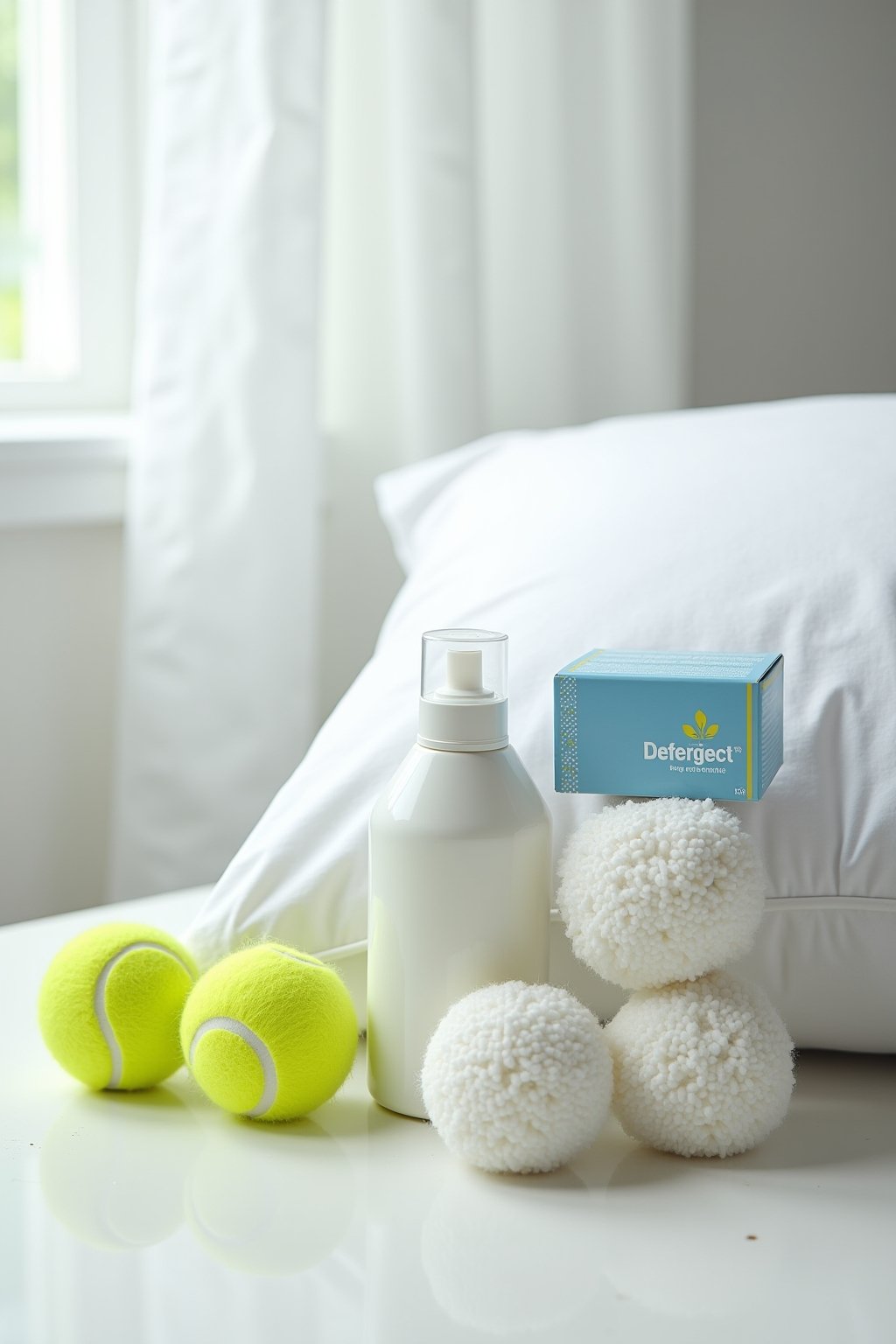 Close-up of pillow washing supplies on a clean laundry room surface
