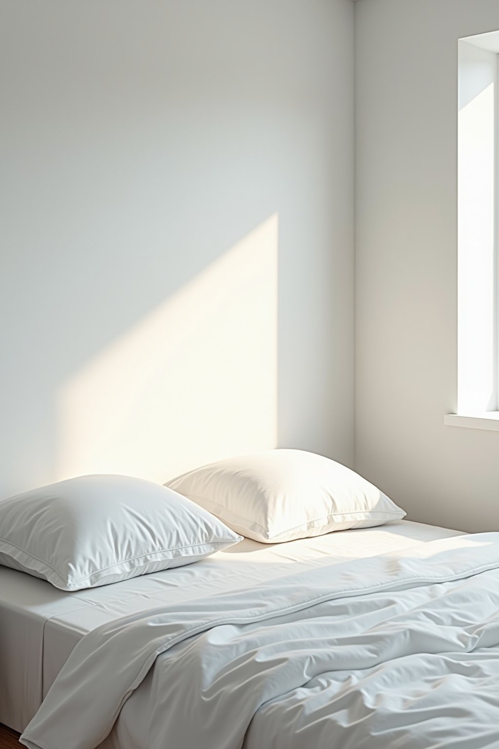 Wide shot of a bright clean bedroom with white pillows perfectly fluffed on a neatly made bed