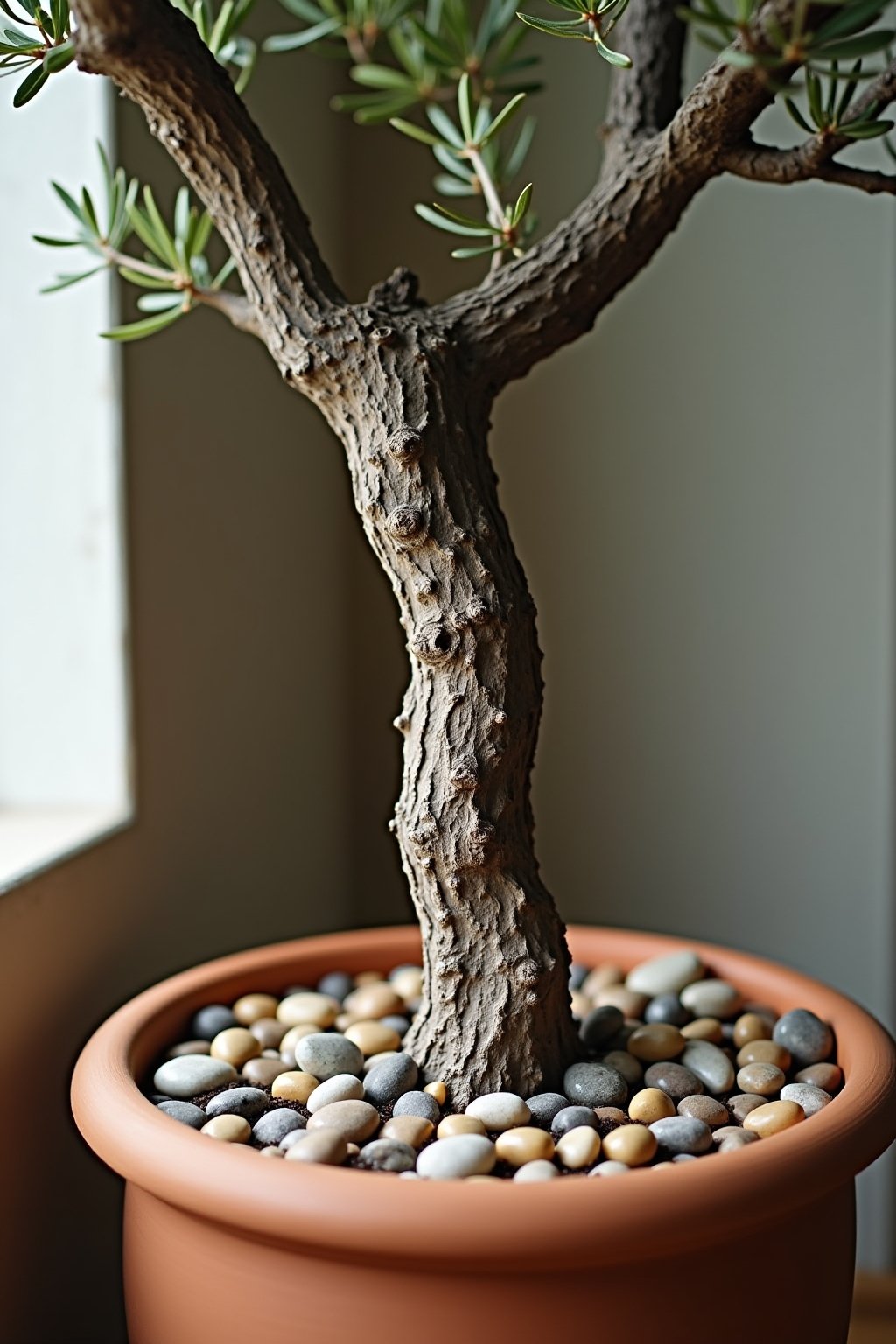 Close-up of an indoor olive tree trunk showing gnarled bark texture
