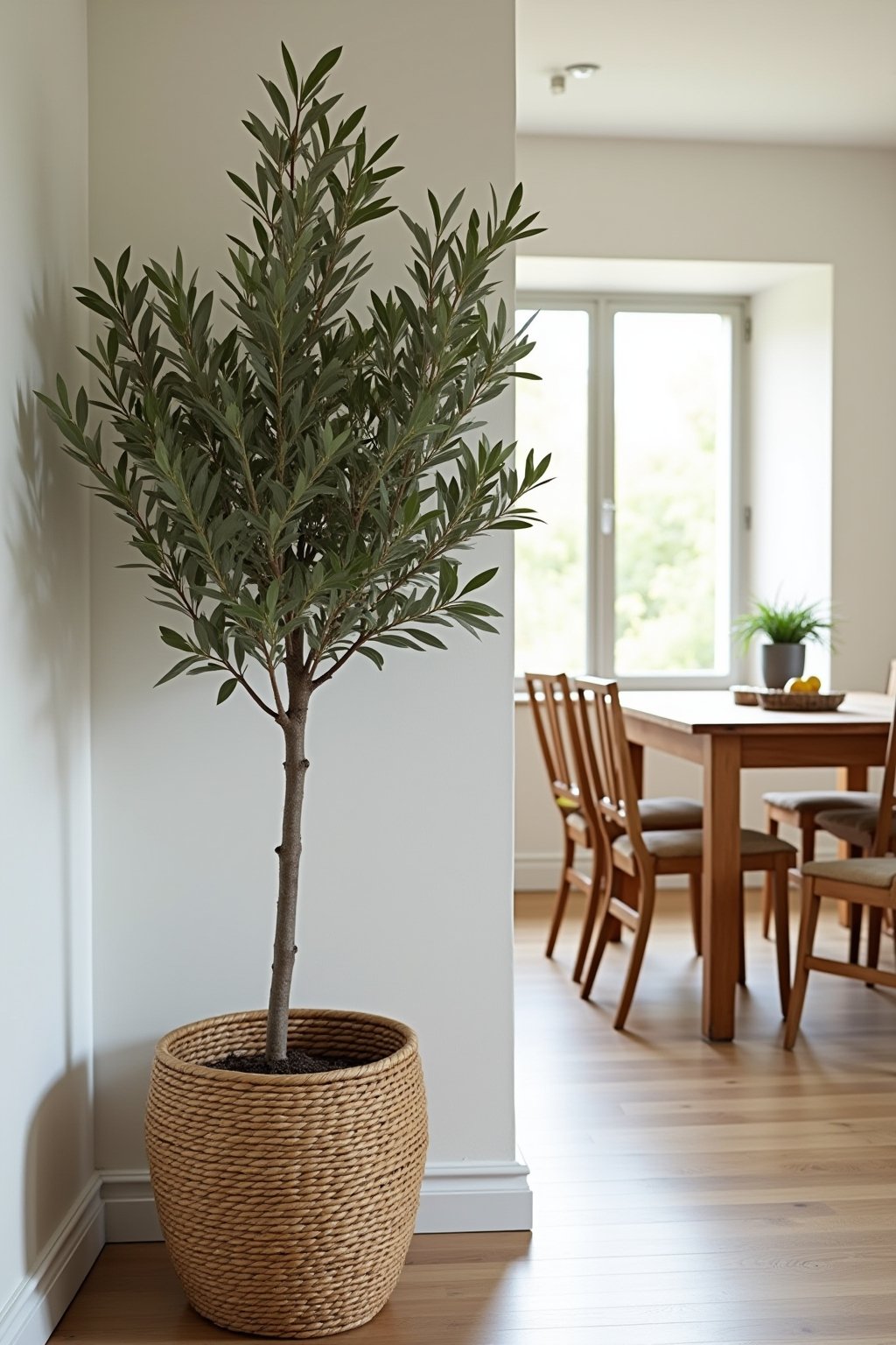 An indoor olive tree in a woven seagrass basket pot in a bright dining room corner
