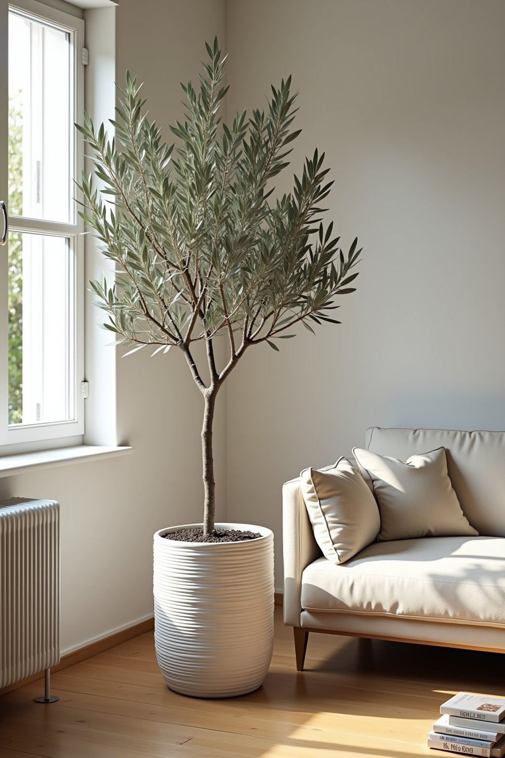A tall indoor olive tree in a large ribbed white ceramic pot next to a bright window in a modern living room