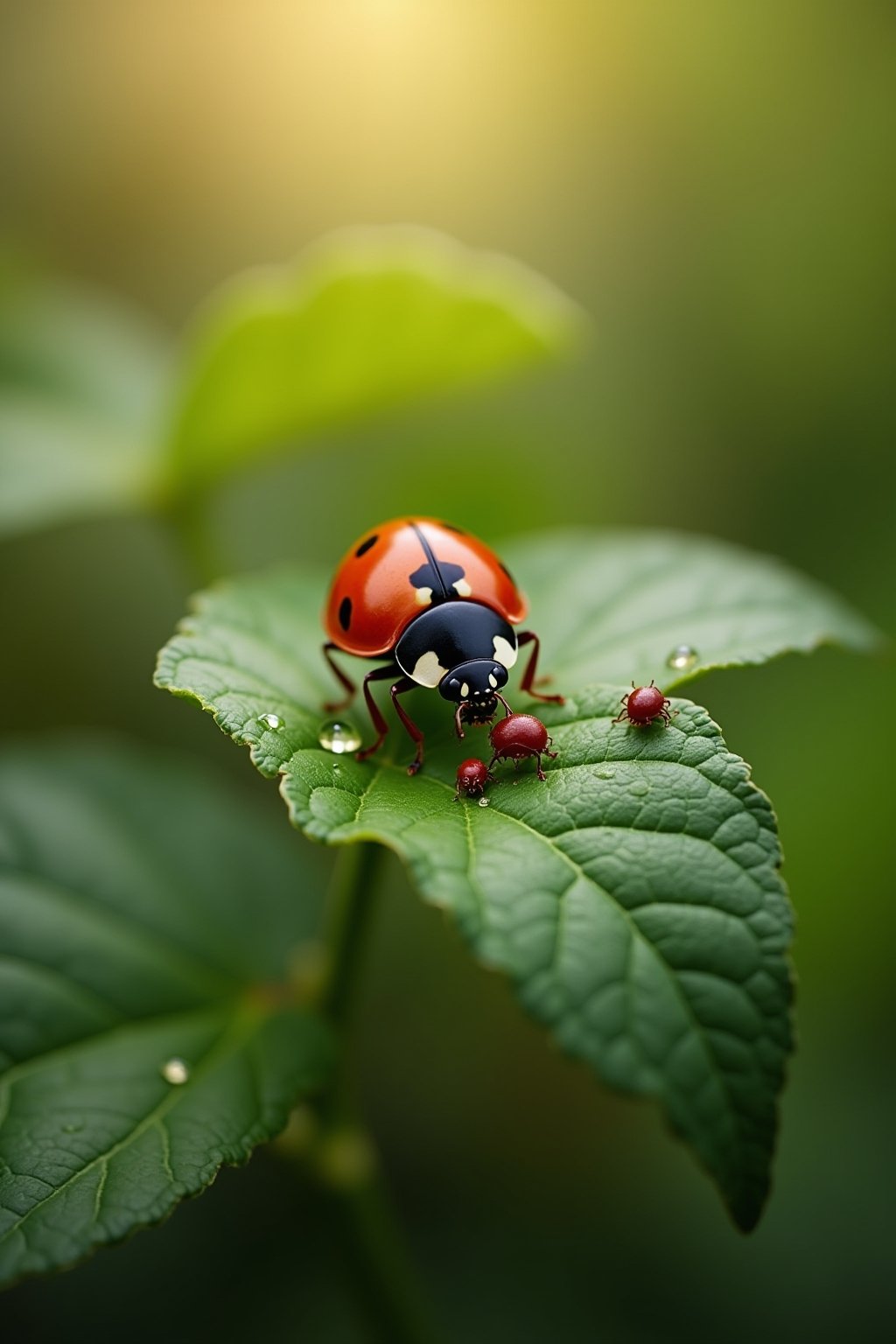 Close-up macro a ladybug eating aphids on a green plant leaf in a garden, the red and black ladybug clearly visible against the green leaf, several aphids nearby, morning dew on the leaf, soft boke...
