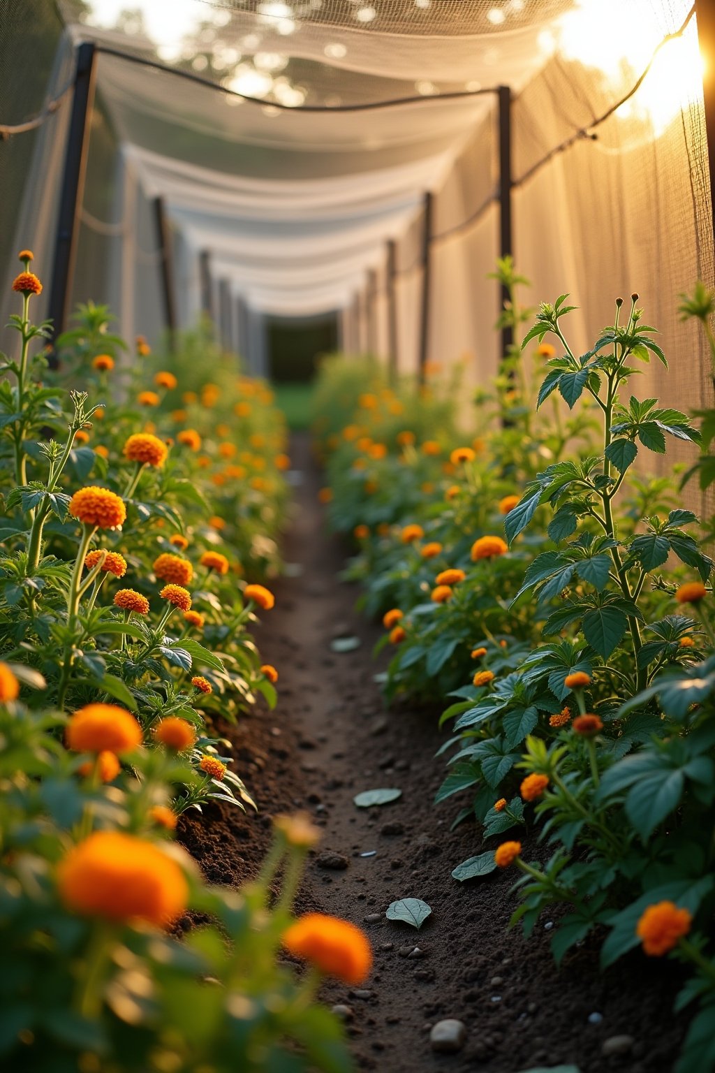 A diverse organic garden at golden hour showing natural pest management in action, insect netting over brassica beds, marigold borders around tomato plants, nasturtiums with orange flowers along th...