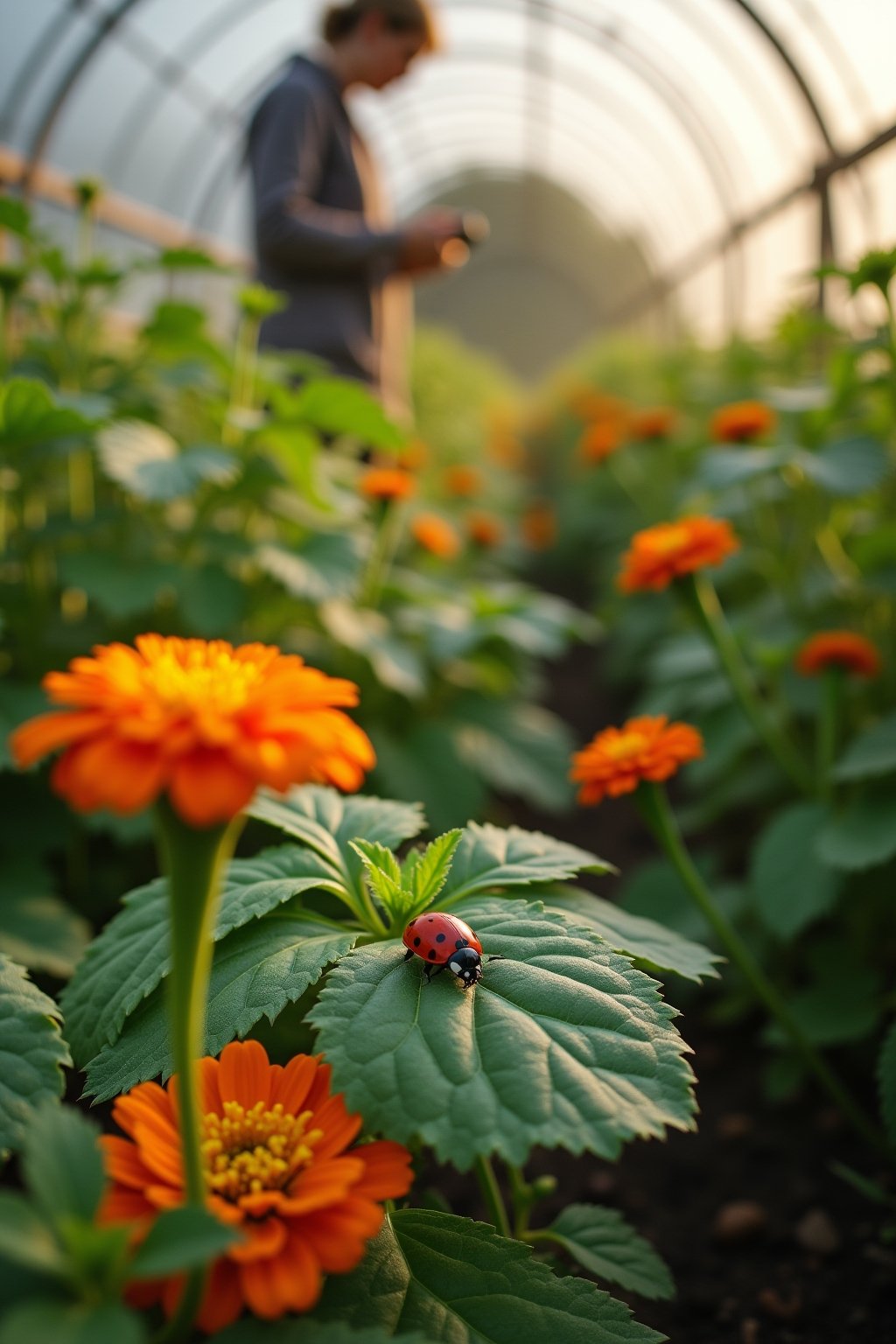 A healthy organic vegetable garden with natural pest control elements visible, marigolds and nasturtiums planted between vegetable rows, a ladybug on a tomato leaf eating aphids, row cover draped o...