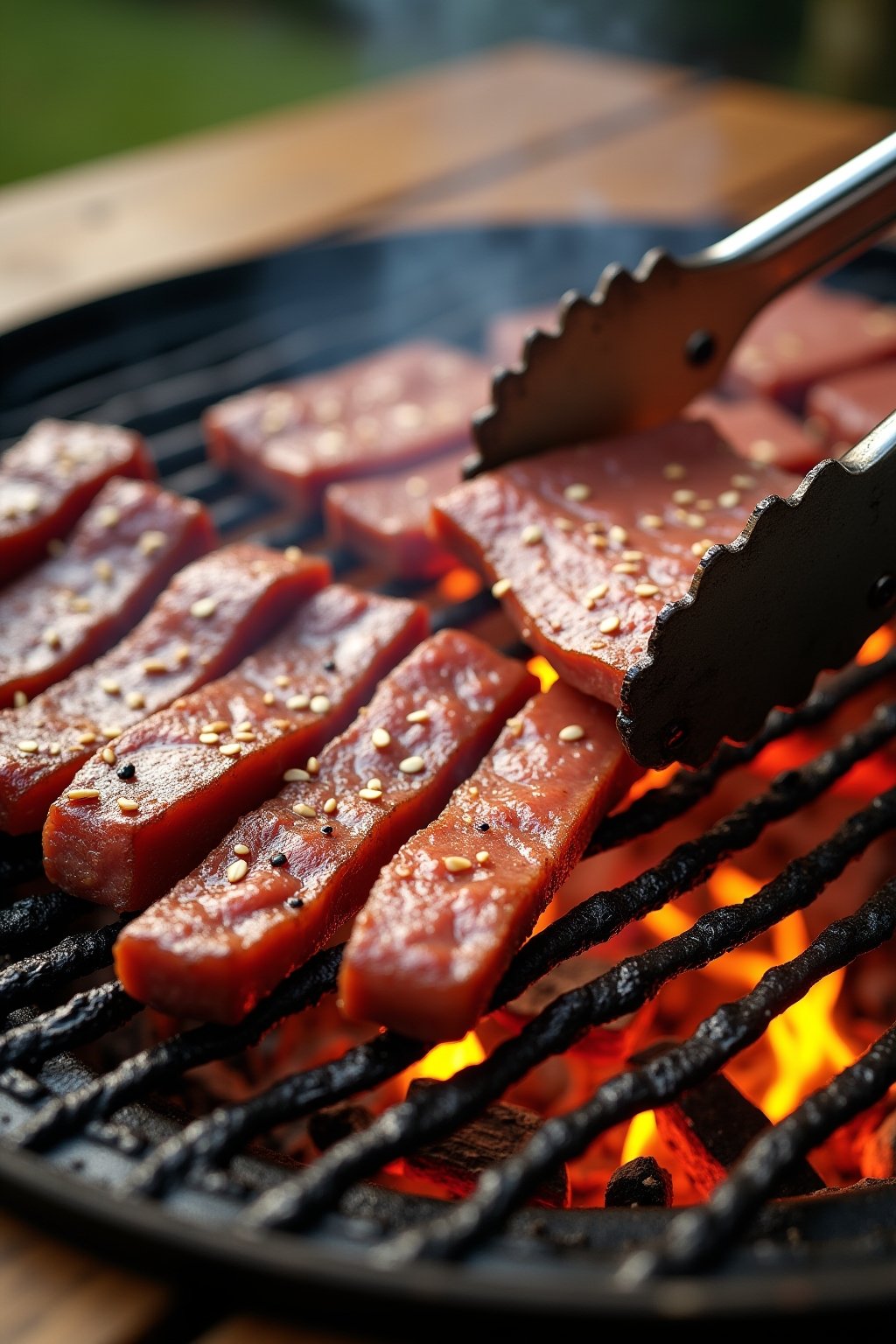 Close-up of thin-sliced korean galbi short ribs sizzling on a hot grill grate, visible round bone cross-sections in the meat strips, dark caramelized edges with flames licking up between the grates...