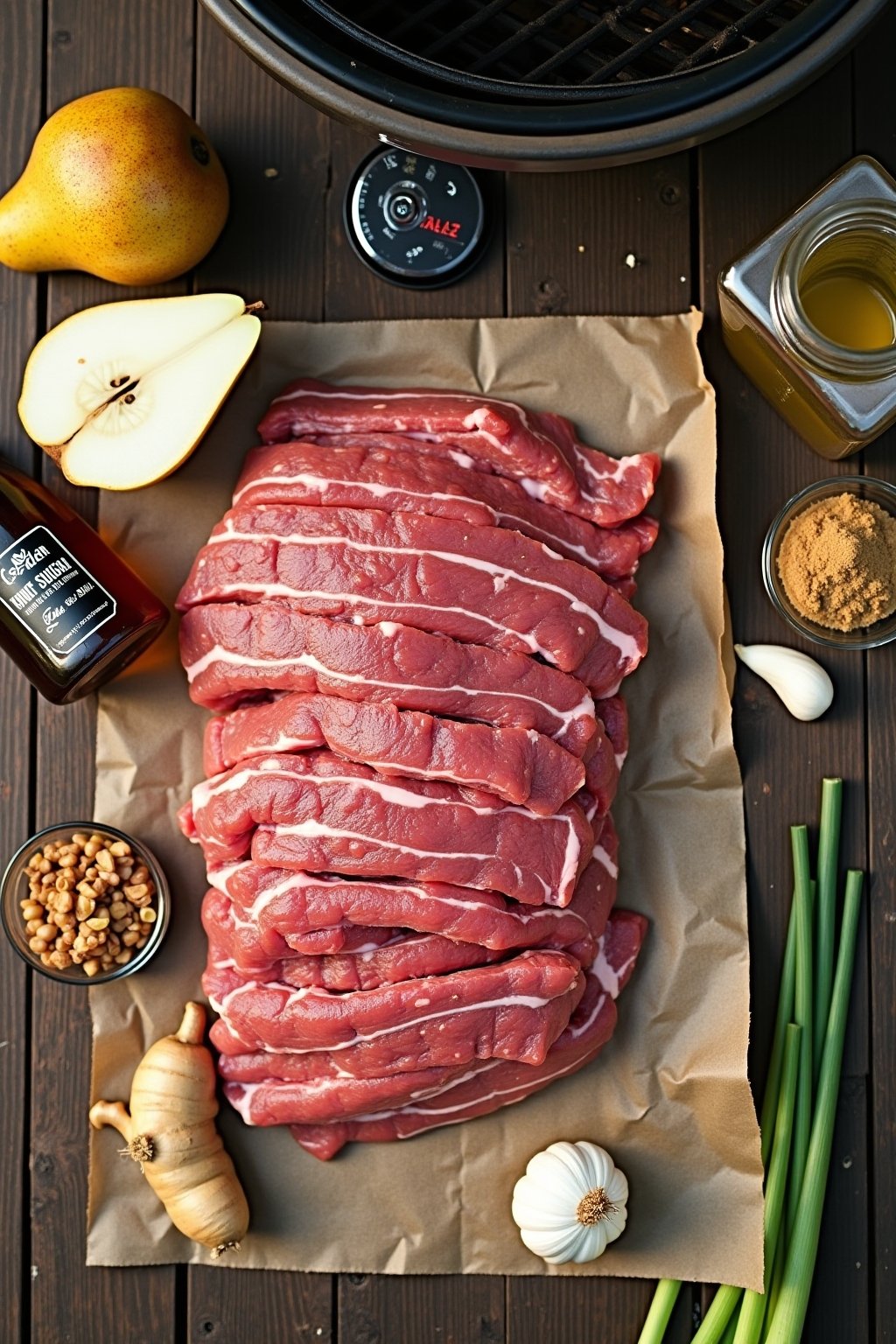 Overhead flat lay on a wooden outdoor table: a stack of raw flanken-cut beef short ribs on butcher paper, an asian pear cut in half, peeled garlic cloves, fresh ginger root, a bottle of soy sauce, ...
